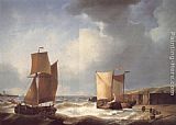 Abraham Hulk Snr Canvas Paintings - Fisherfolk and Ships by the Coast